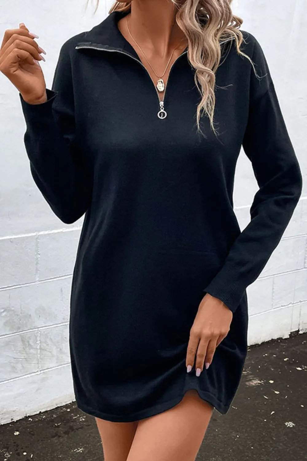 *App Exclusive* Quarter-Zip Dropped Shoulder Knit Dress