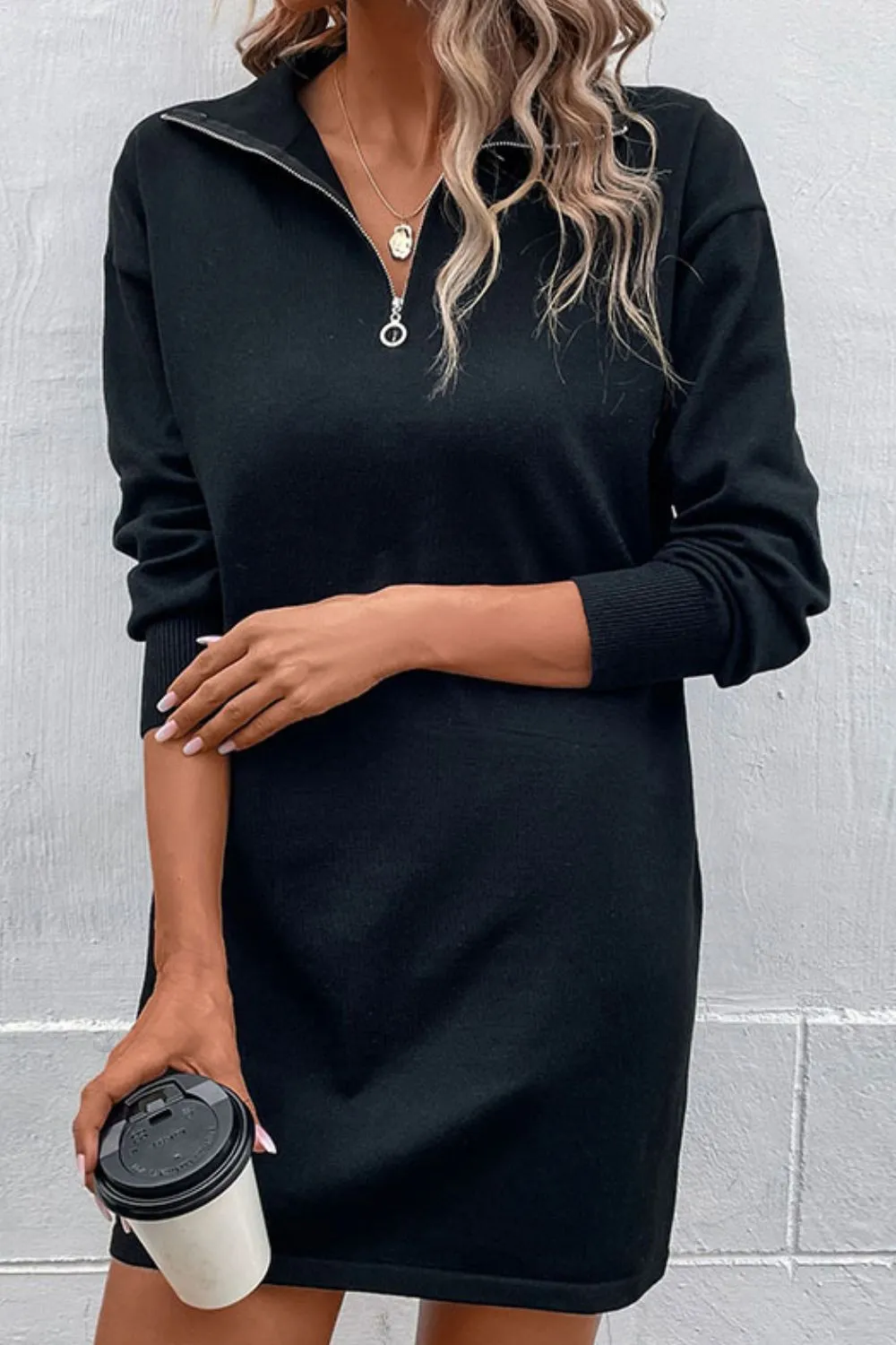 *App Exclusive* Quarter-Zip Dropped Shoulder Knit Dress