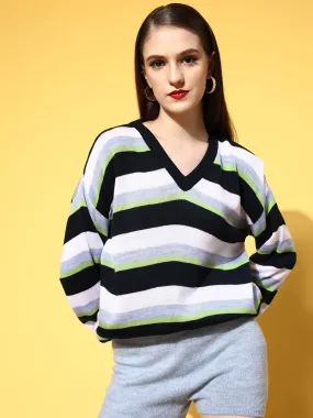 Berrylush Women Multicolour Striped Pattern V-Neck Acrylic Straight Hem Pullover Sweater