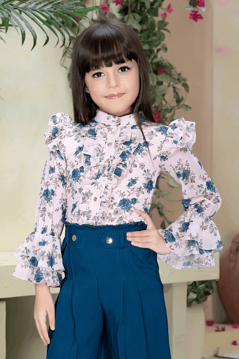 Blue with Cream Floral Print Top with Culottes for Girls