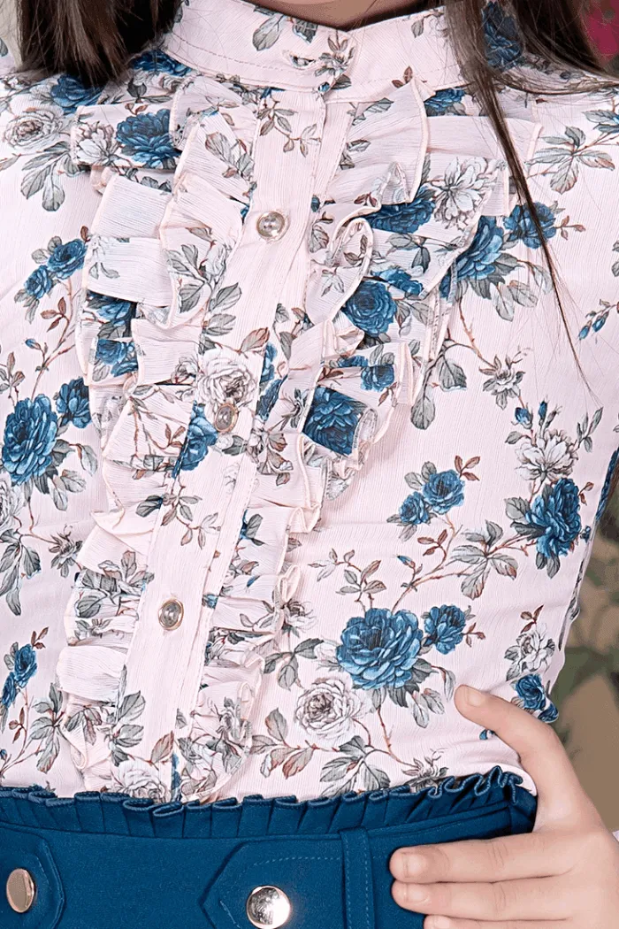 Blue with Cream Floral Print Top with Culottes for Girls