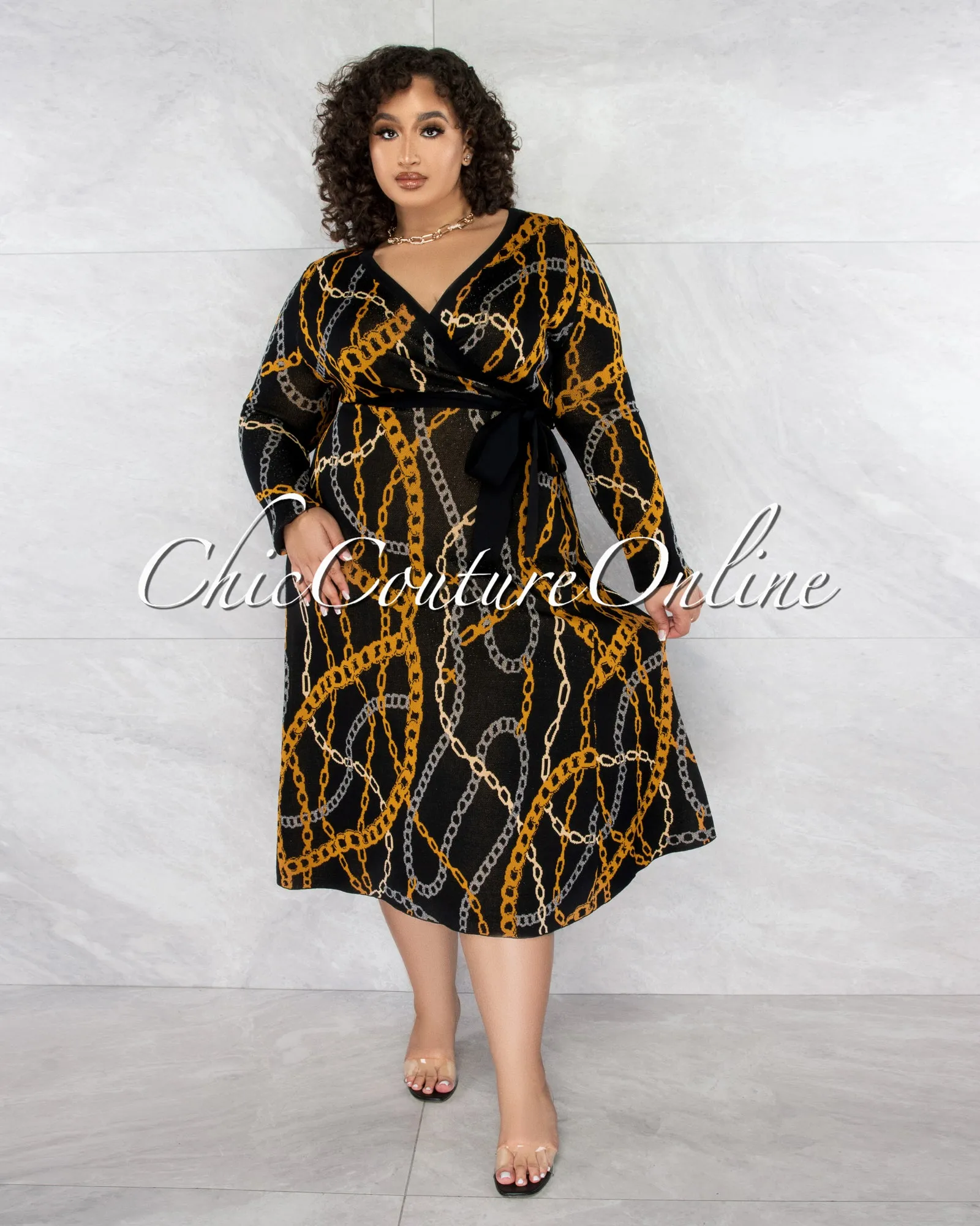 *Chalsey Black Mustard Wrap Style Sweater CURVY Midi Dress