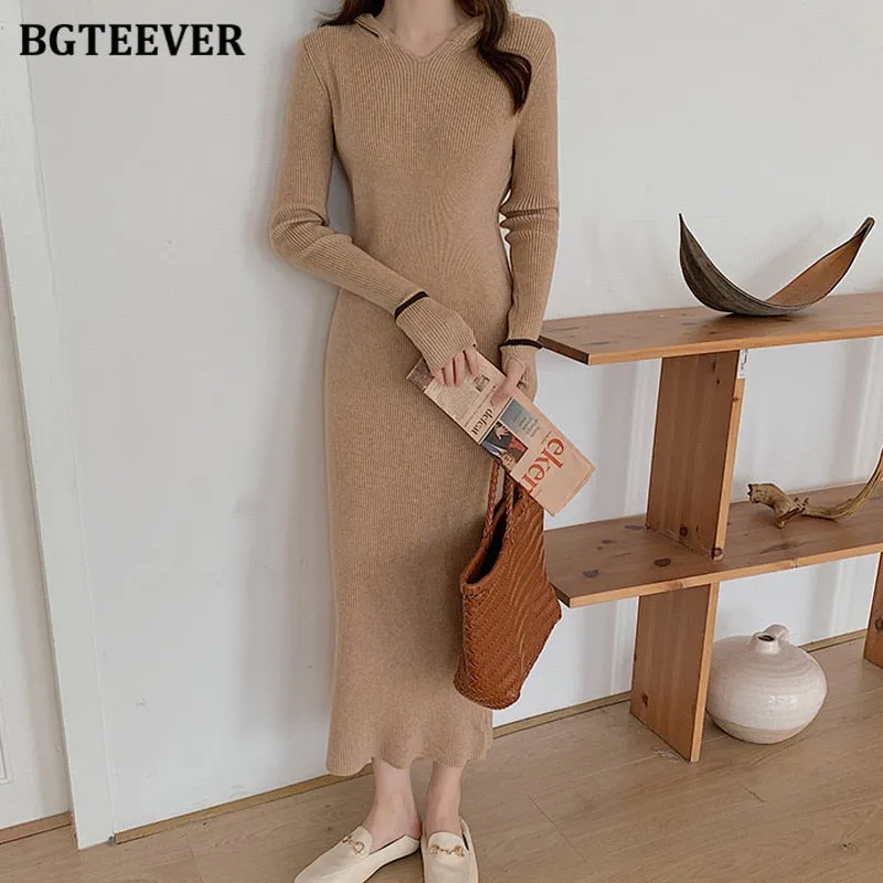Christmas Gift Joskaa New Autumn Hooded Side Split Female Knitted Dress Stretched Sweater Women Dress Casual Ladies Pullovers Vestidos 2024