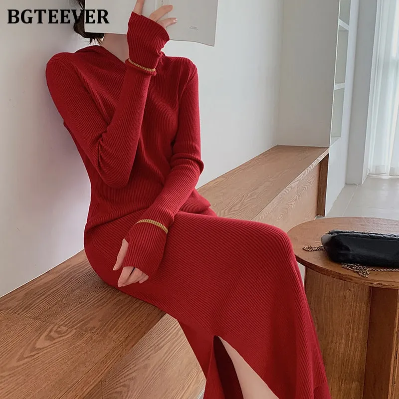 Christmas Gift Joskaa New Autumn Hooded Side Split Female Knitted Dress Stretched Sweater Women Dress Casual Ladies Pullovers Vestidos 2024