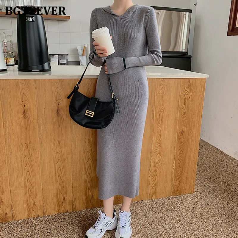 Christmas Gift Joskaa New Autumn Hooded Side Split Female Knitted Dress Stretched Sweater Women Dress Casual Ladies Pullovers Vestidos 2024