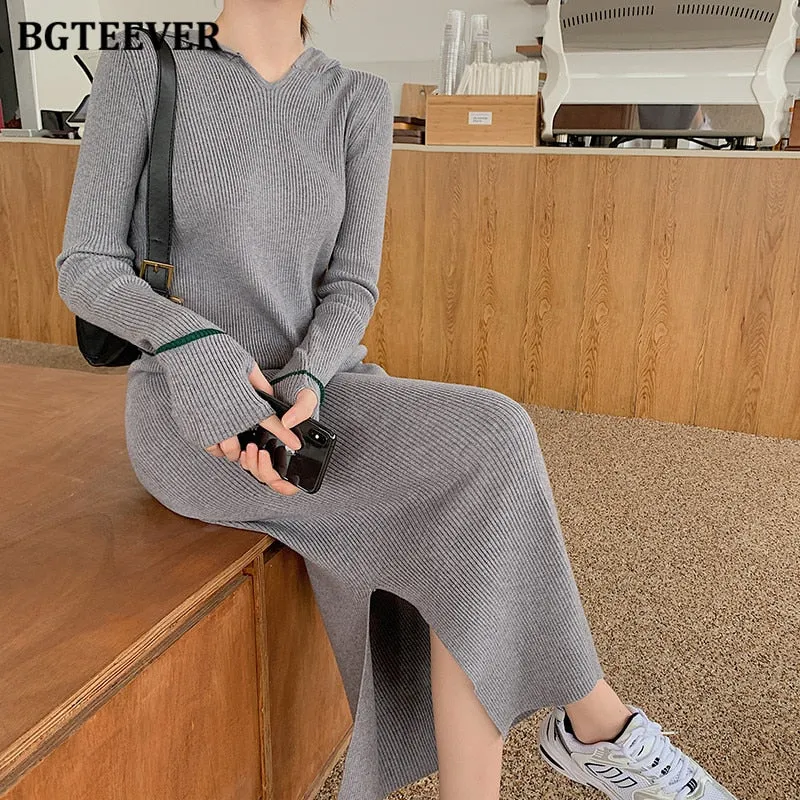 Christmas Gift Joskaa New Autumn Hooded Side Split Female Knitted Dress Stretched Sweater Women Dress Casual Ladies Pullovers Vestidos 2024