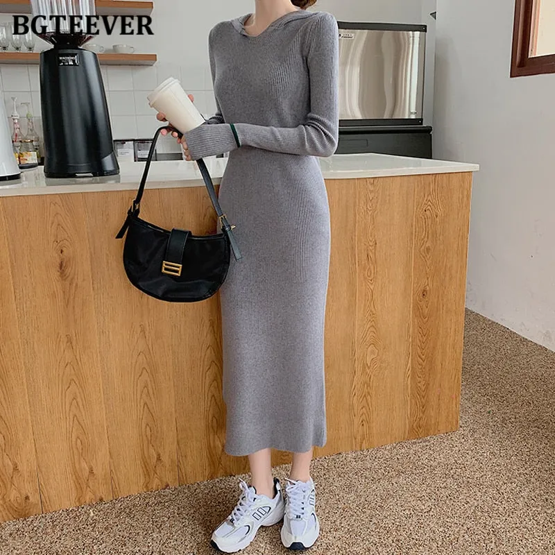 Christmas Gift Joskaa New Autumn Hooded Side Split Female Knitted Dress Stretched Sweater Women Dress Casual Ladies Pullovers Vestidos 2024