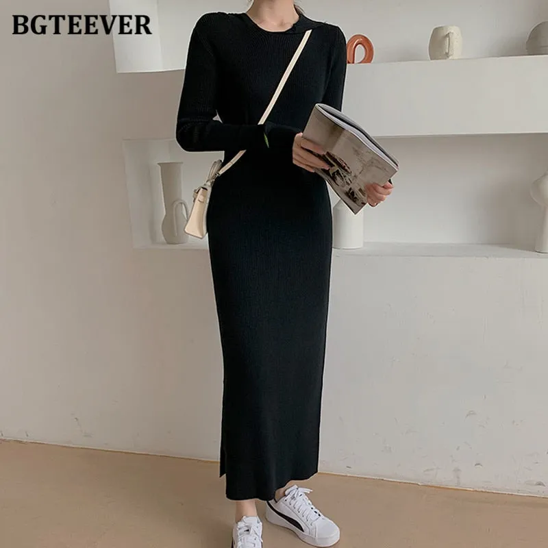 Christmas Gift Joskaa New Autumn Hooded Side Split Female Knitted Dress Stretched Sweater Women Dress Casual Ladies Pullovers Vestidos 2024
