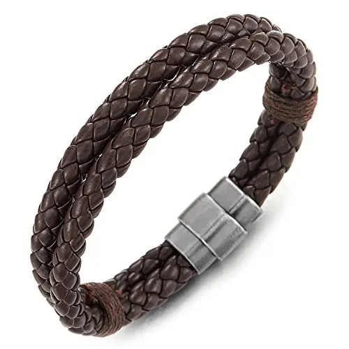 COOLSTEELANDBEYOND Braided Leather Bangle Bracelet for Men Women Genuine Leather Wristband with Magnetic Clasp