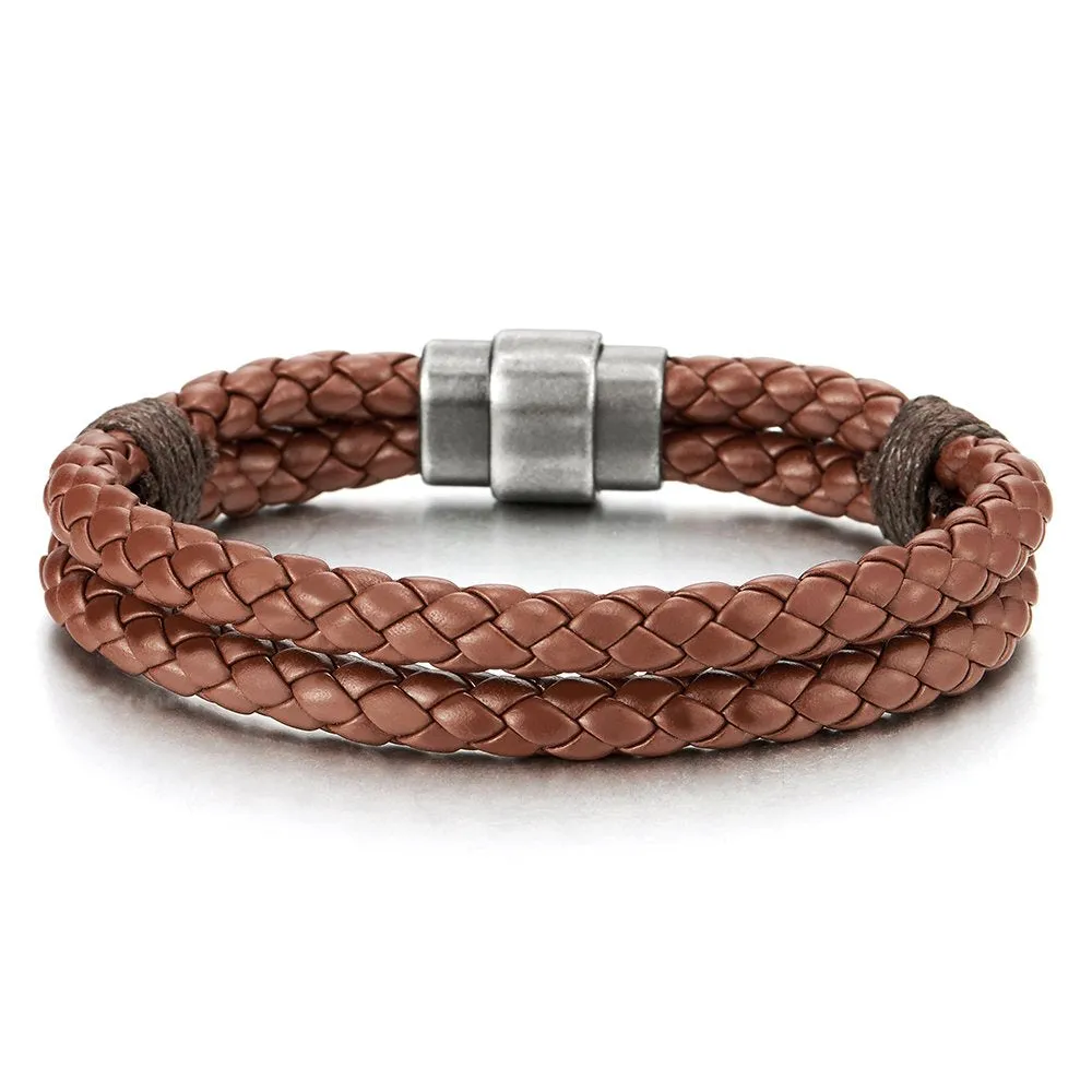 COOLSTEELANDBEYOND Braided Leather Bangle Bracelet for Men Women Genuine Leather Wristband with Magnetic Clasp