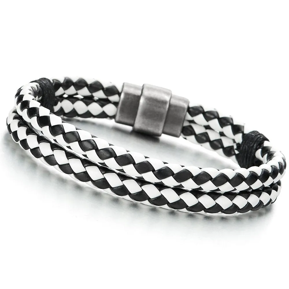 COOLSTEELANDBEYOND Braided Leather Bangle Bracelet for Men Women Genuine Leather Wristband with Magnetic Clasp