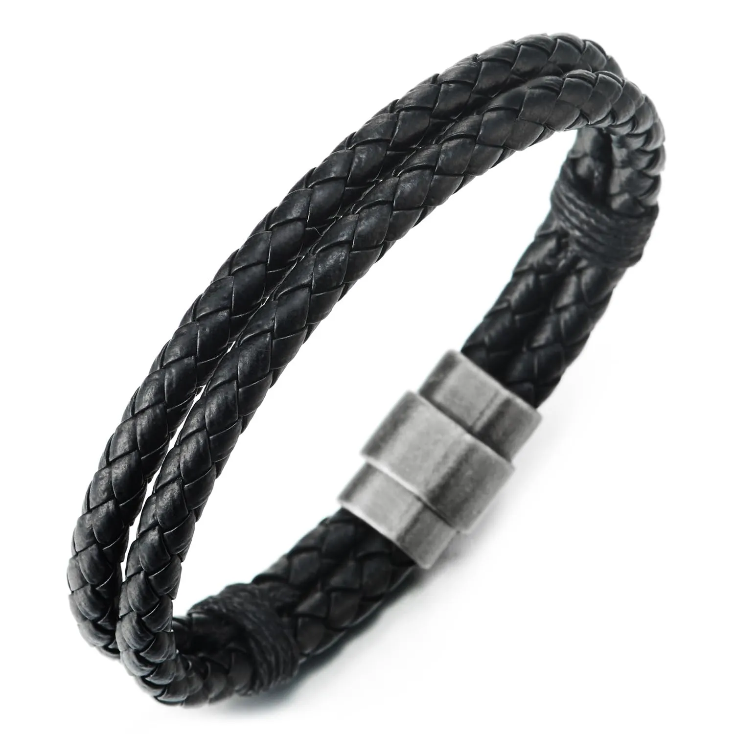 COOLSTEELANDBEYOND Braided Leather Bangle Bracelet for Men Women Genuine Leather Wristband with Magnetic Clasp