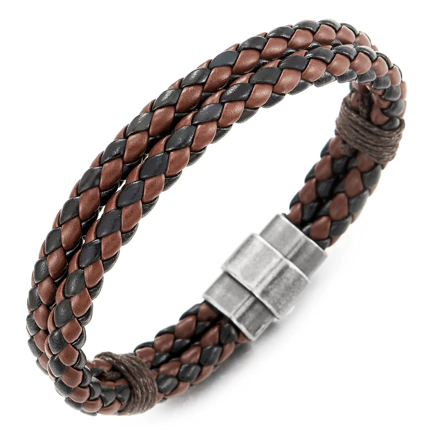 COOLSTEELANDBEYOND Braided Leather Bangle Bracelet for Men Women Genuine Leather Wristband with Magnetic Clasp