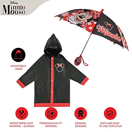 Disney Umbrella and Slicker Set, Toddler or Little Girl Rainwear Ages 2-7, Minnie Mouse Black, Small, Age 2-3