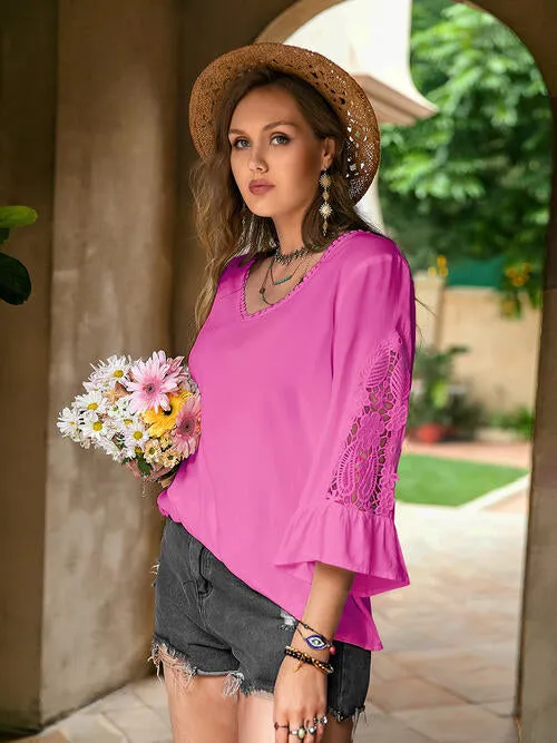 Double Take Plus Size Flower Crochet Flare Sleeve Top