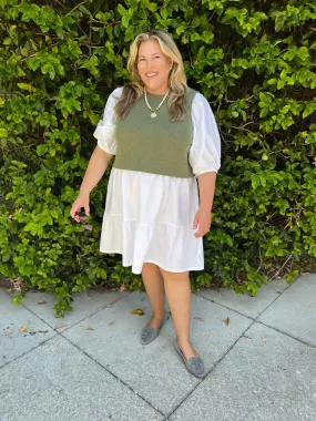 Eloquii Elements White Layered Look with Sage Sweater Vest Poplin Dress- Size 22/24 (sold out online)