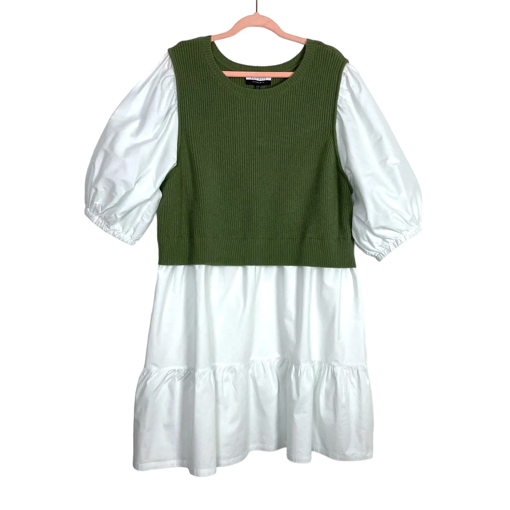 Eloquii Elements White Layered Look with Sage Sweater Vest Poplin Dress- Size 22/24 (sold out online)