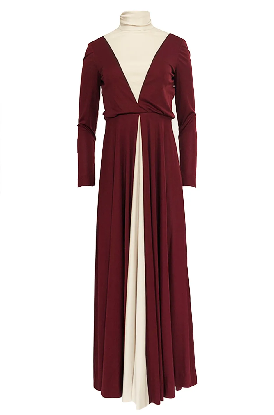 Fall 1973 Geoffrey Beene Graphic Burgundy and Taupey Cream Jersey Dress