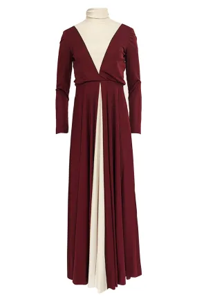 Fall 1973 Geoffrey Beene Graphic Burgundy and Taupey Cream Jersey Dress