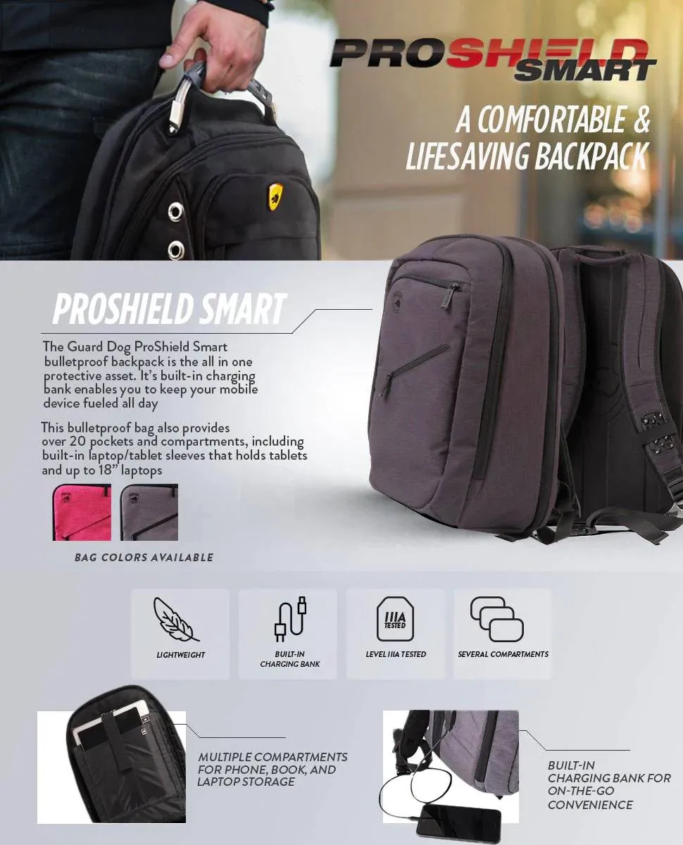 Guard Dog ProShield Smart Bulletproof Backpack - Level IIIA Bulletproof, Built-in Charging Bank - TSA Approved