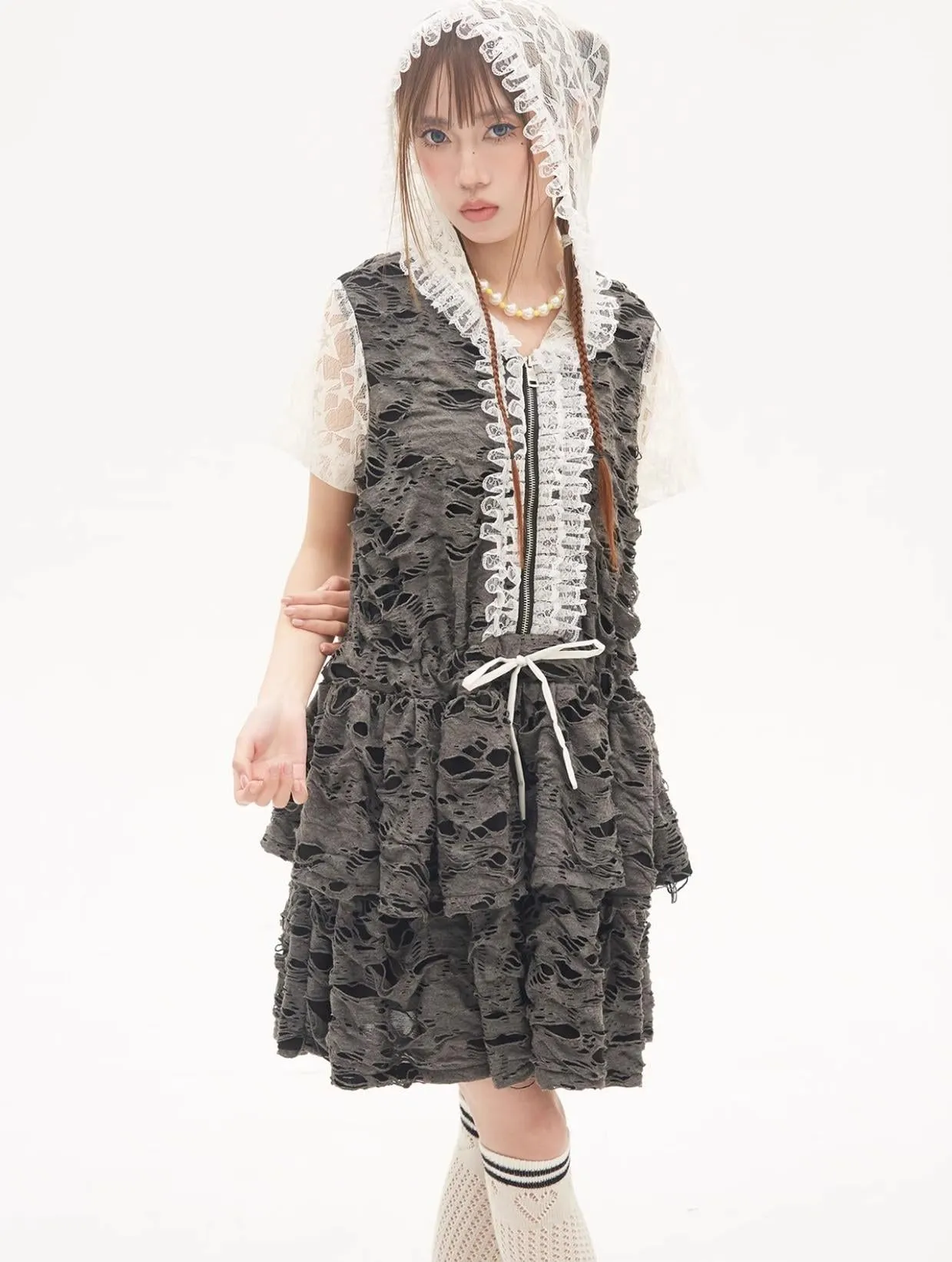 Gyaru Dress Grey Punk Cake Dress Sweet Cool Lace Dress