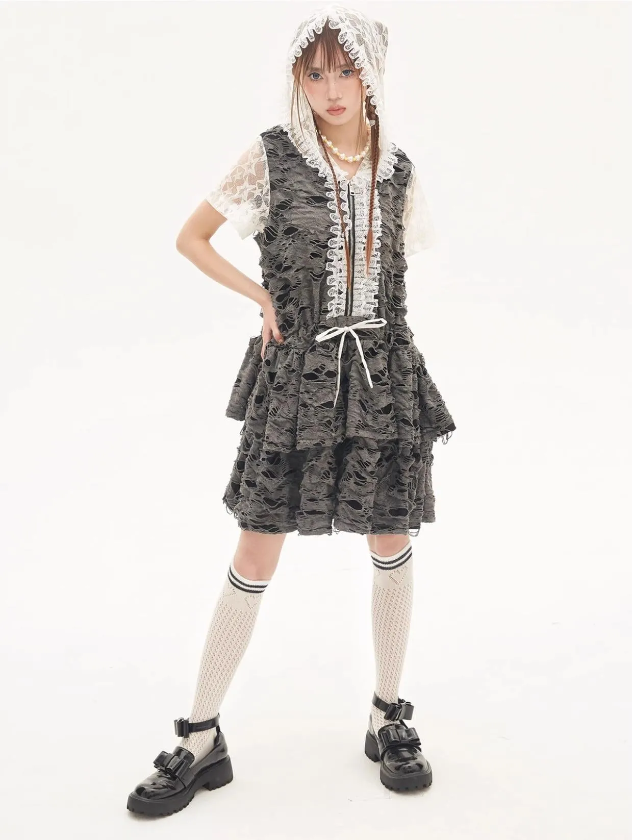 Gyaru Dress Grey Punk Cake Dress Sweet Cool Lace Dress