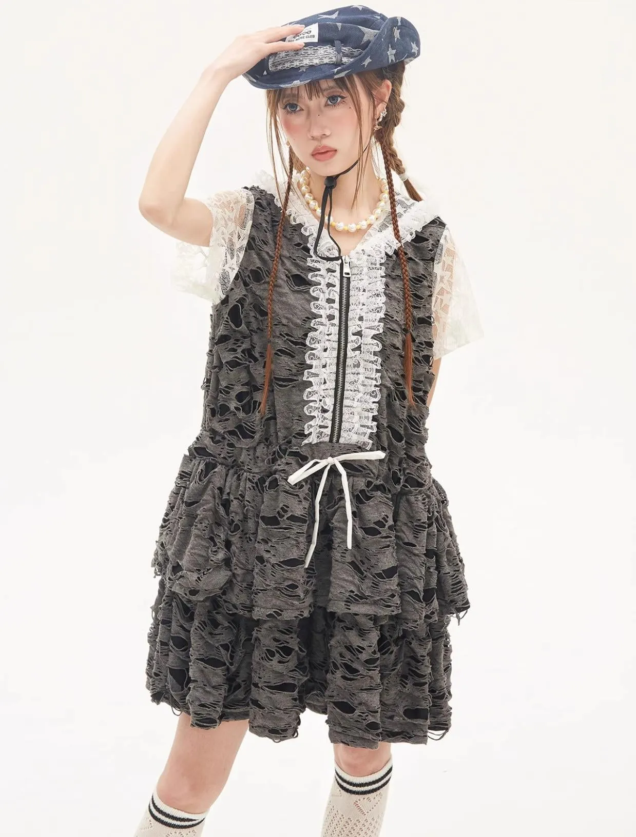 Gyaru Dress Grey Punk Cake Dress Sweet Cool Lace Dress