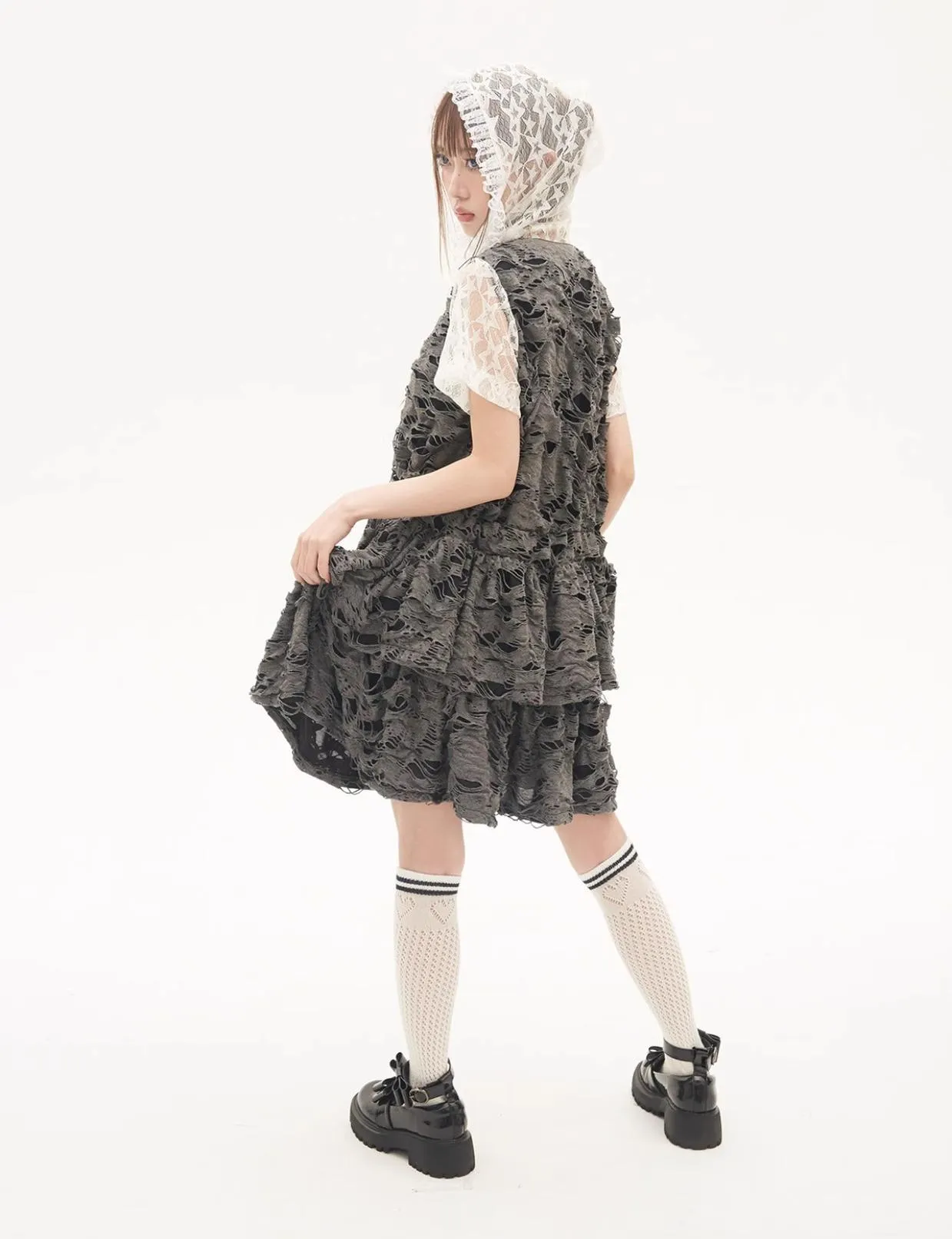 Gyaru Dress Grey Punk Cake Dress Sweet Cool Lace Dress