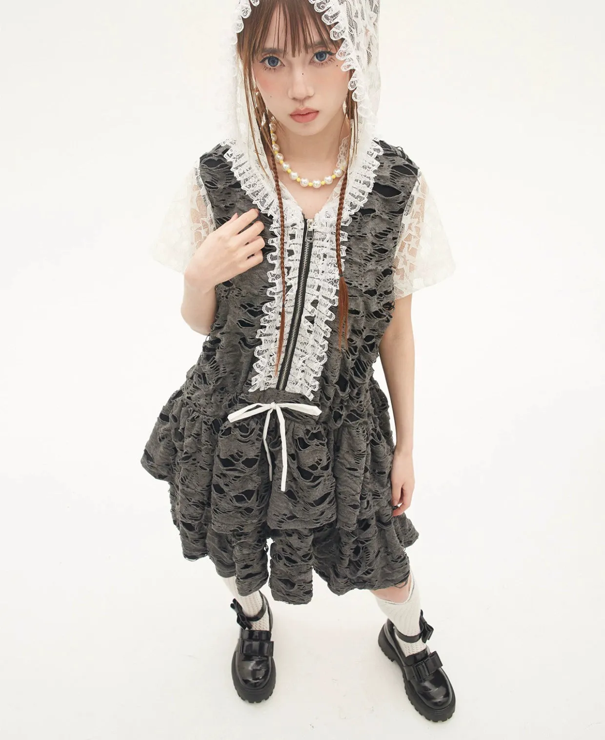Gyaru Dress Grey Punk Cake Dress Sweet Cool Lace Dress