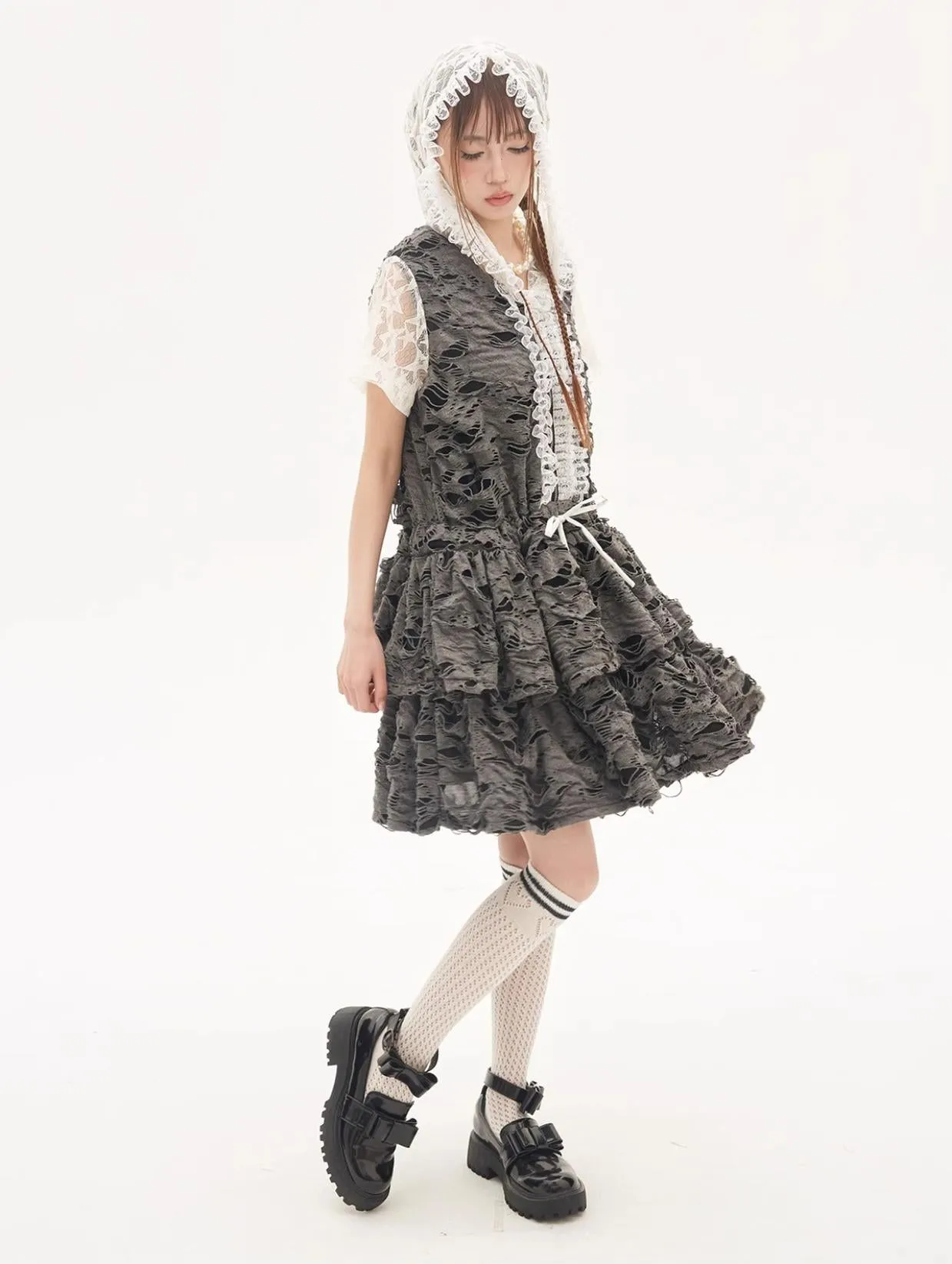 Gyaru Dress Grey Punk Cake Dress Sweet Cool Lace Dress
