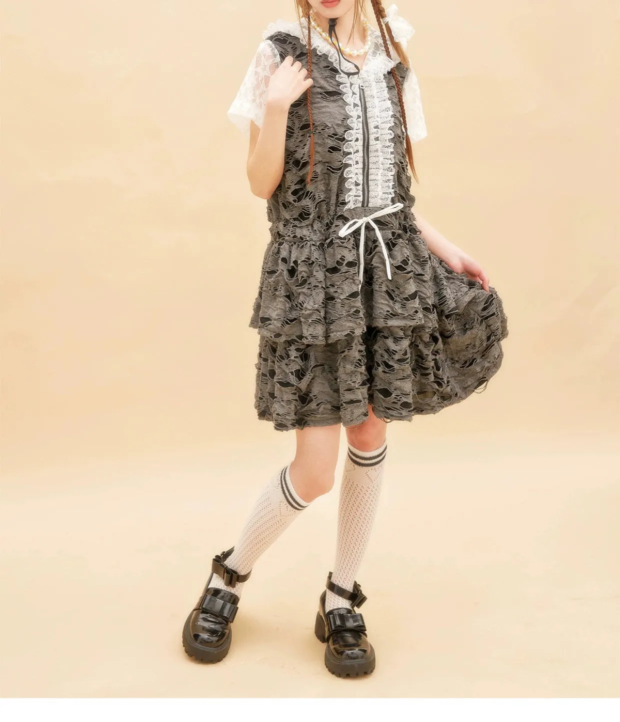 Gyaru Dress Grey Punk Cake Dress Sweet Cool Lace Dress