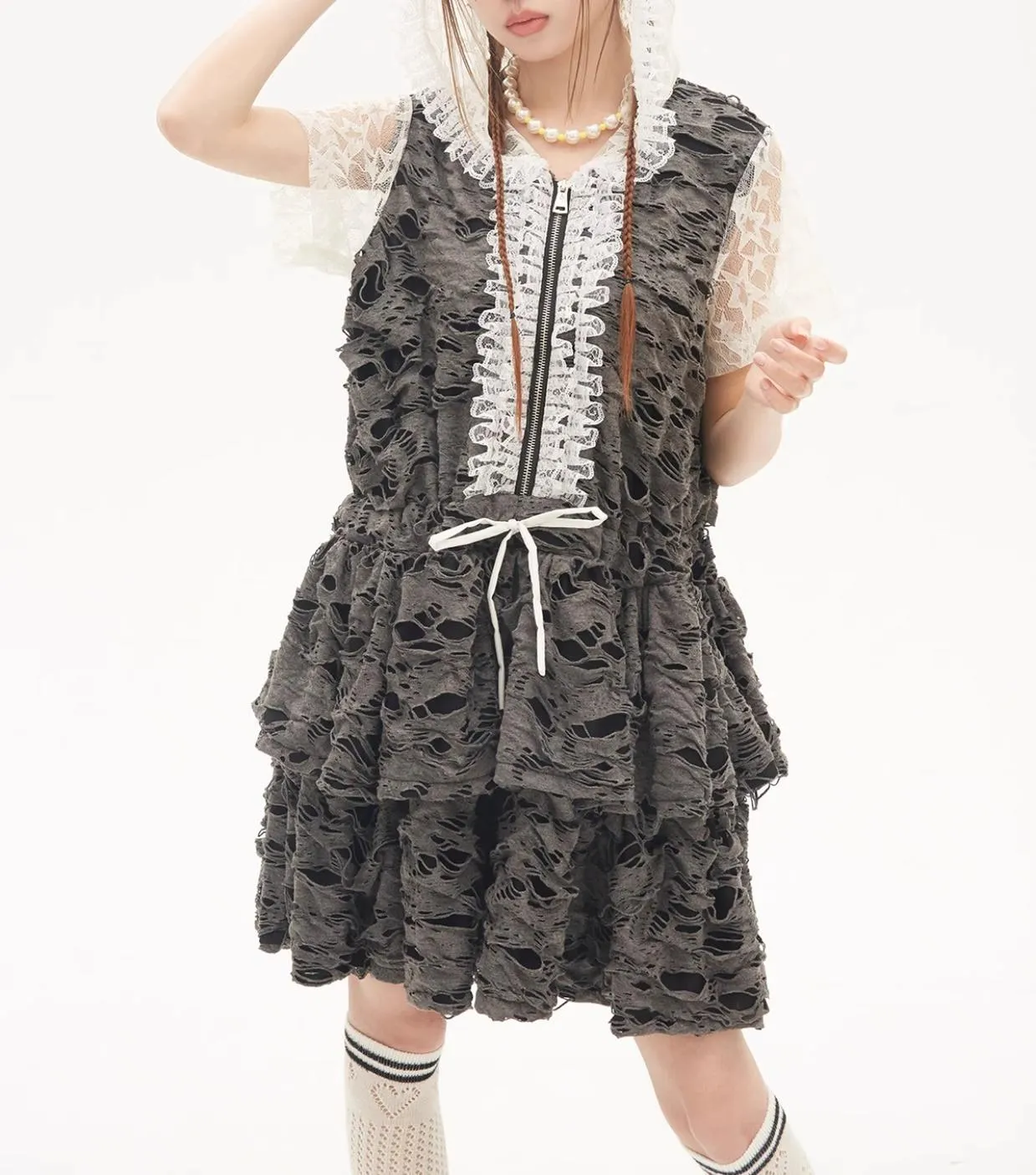 Gyaru Dress Grey Punk Cake Dress Sweet Cool Lace Dress