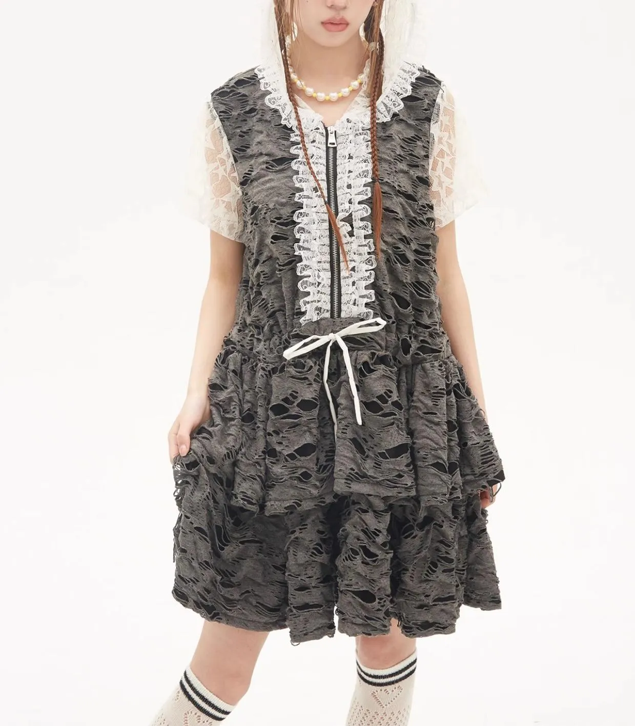Gyaru Dress Grey Punk Cake Dress Sweet Cool Lace Dress