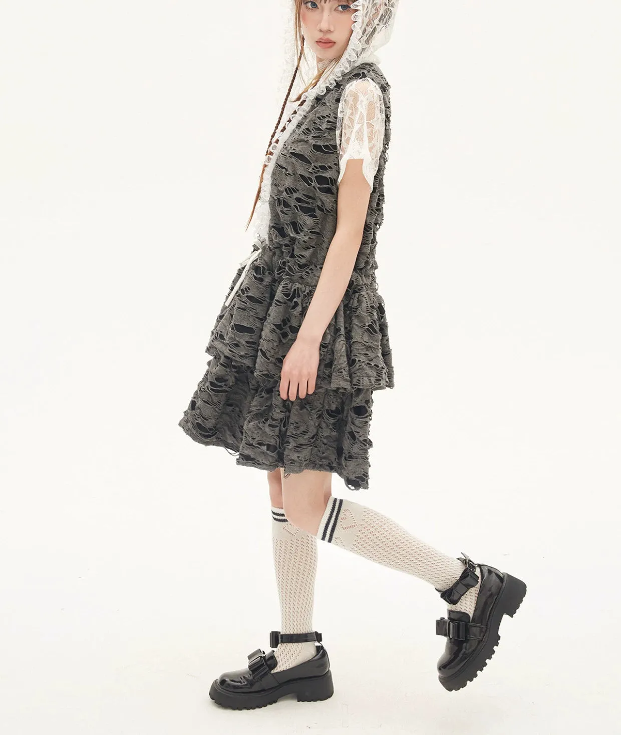 Gyaru Dress Grey Punk Cake Dress Sweet Cool Lace Dress