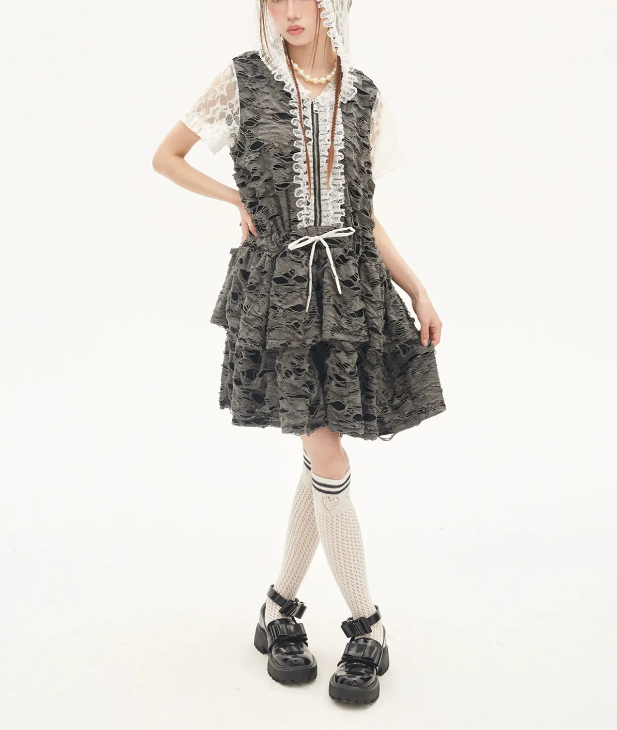 Gyaru Dress Grey Punk Cake Dress Sweet Cool Lace Dress
