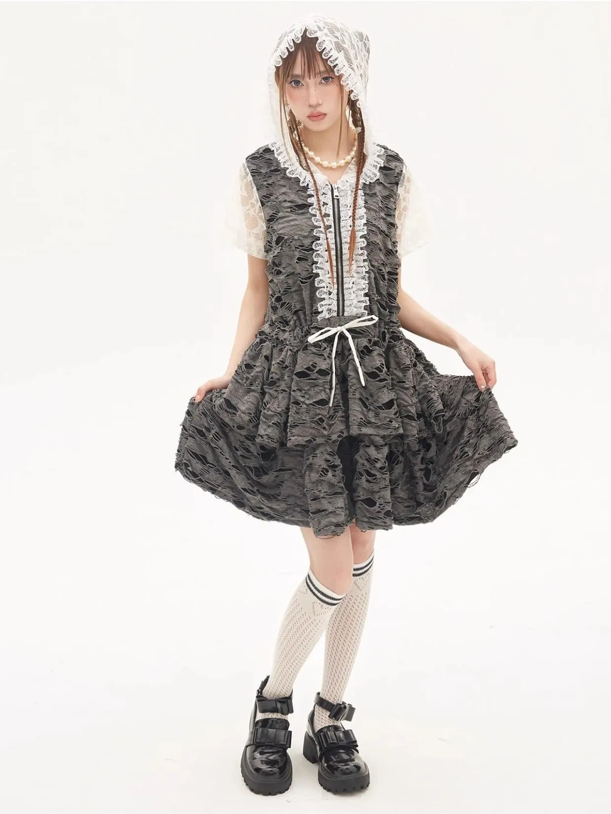 Gyaru Dress Grey Punk Cake Dress Sweet Cool Lace Dress