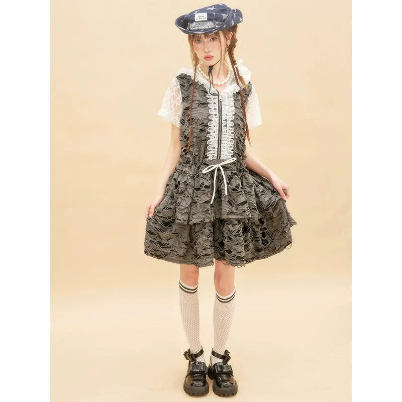 Gyaru Dress Grey Punk Cake Dress Sweet Cool Lace Dress