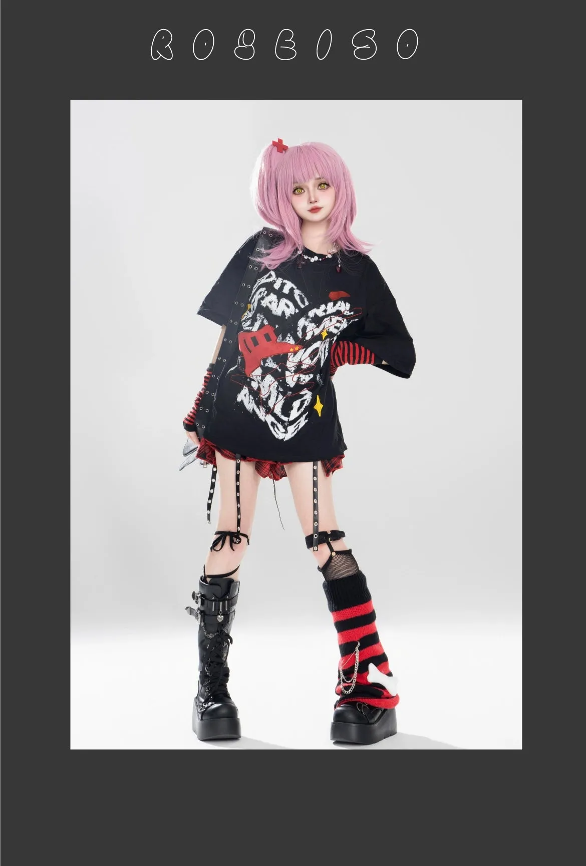 Gyaru T-shirt Red Plaid Skrit Unisex Punk Short-sleeve Top