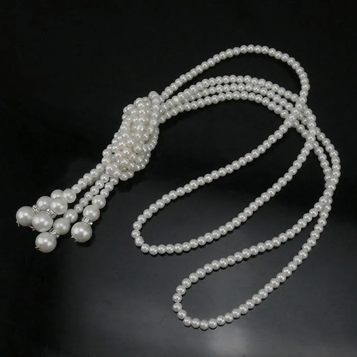 Long Knotted Pearl Bead Tassel Necklace For Woman