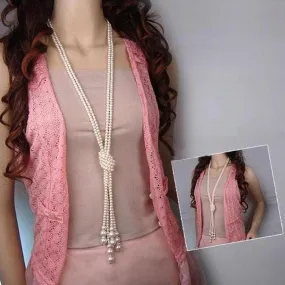 Long Knotted Pearl Bead Tassel Necklace For Woman