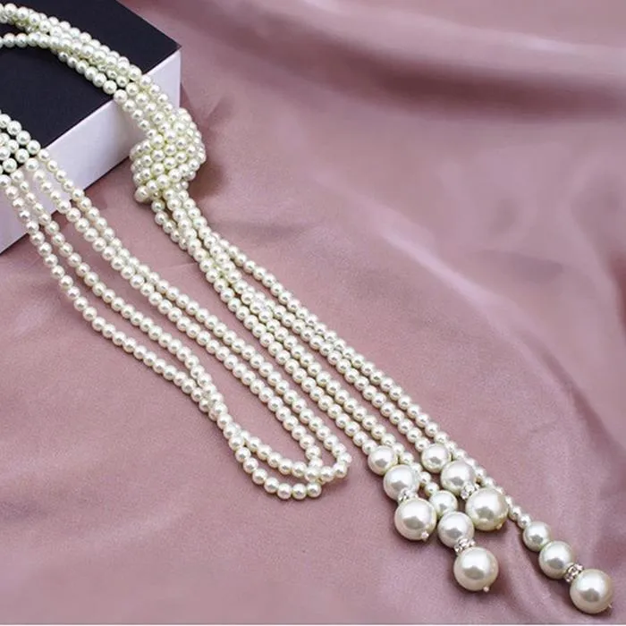 Long Knotted Pearl Bead Tassel Necklace For Woman