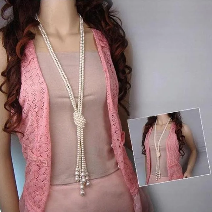 Long Knotted Pearl Bead Tassel Necklace For Woman
