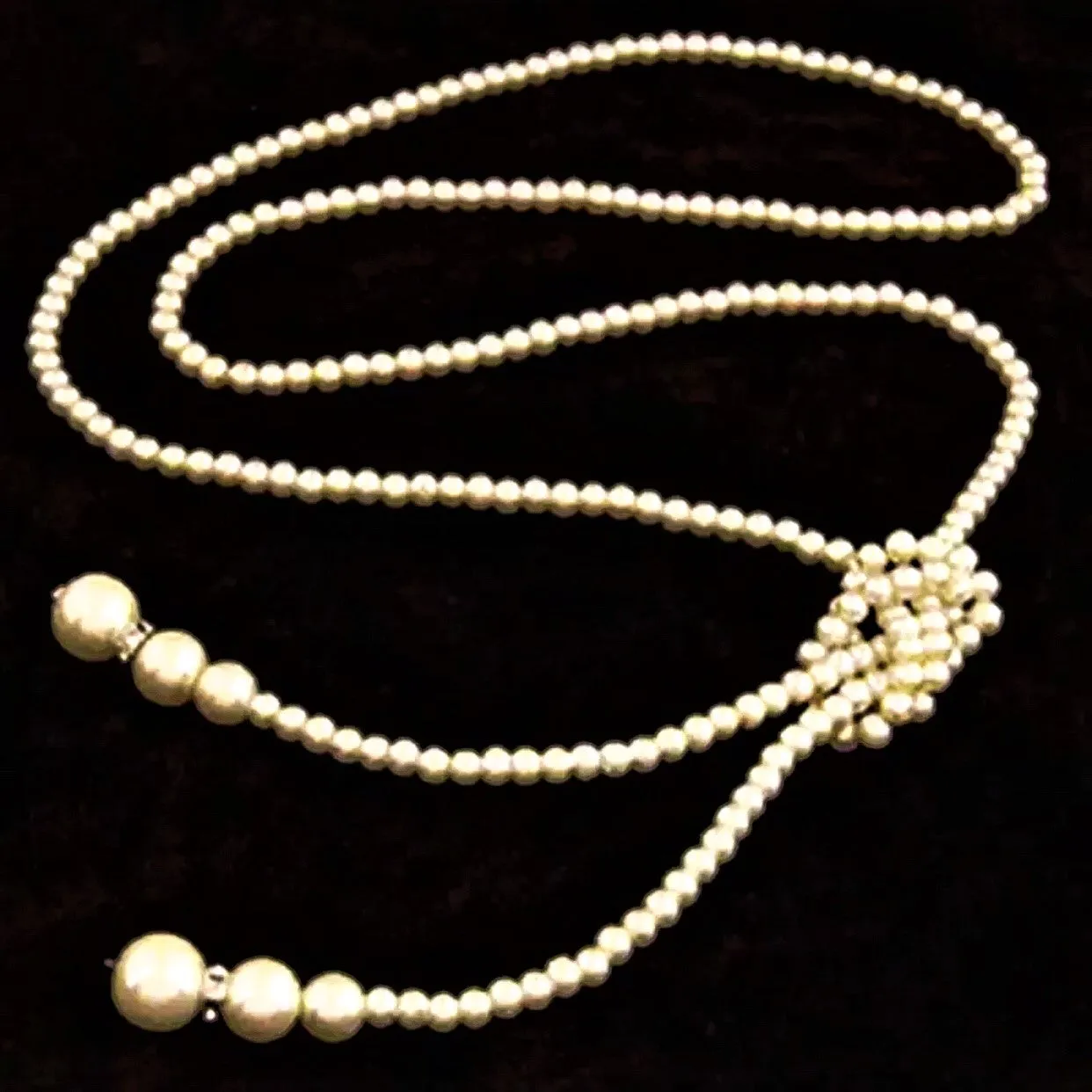 Long Knotted Pearl Bead Two Tassel Necklace