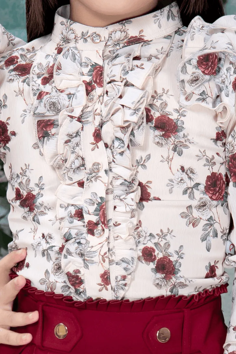 Maroon with Cream Floral Print Top with Culottes for Girls