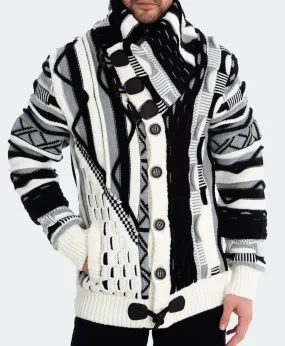Men's Black & White Heavyweight Multi-Pattern Knit Sweater