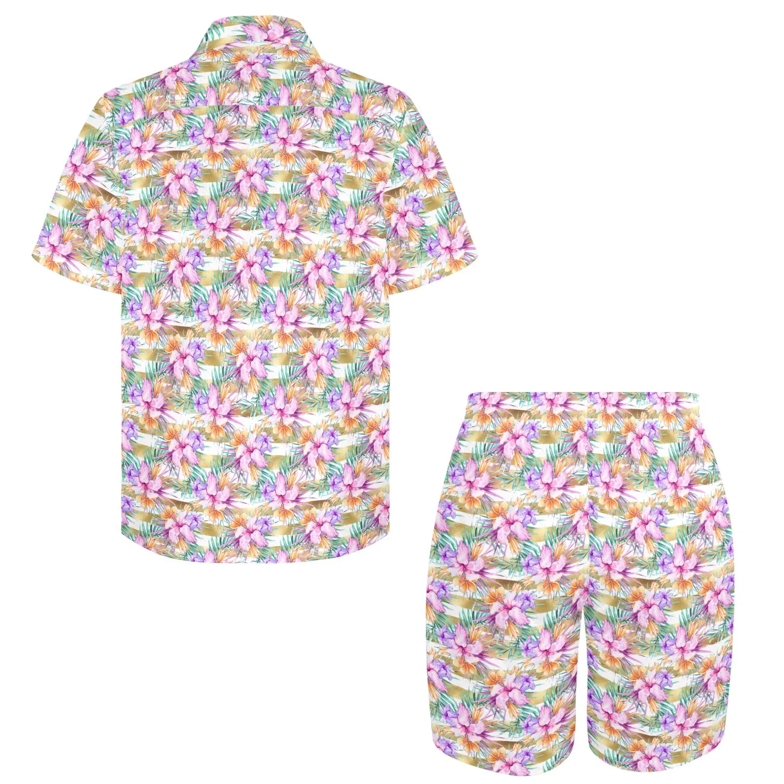 Men's Shirt & Shorts Set Hibiscus Stripes Men's Shirt and Shorts Outfit (Set26)