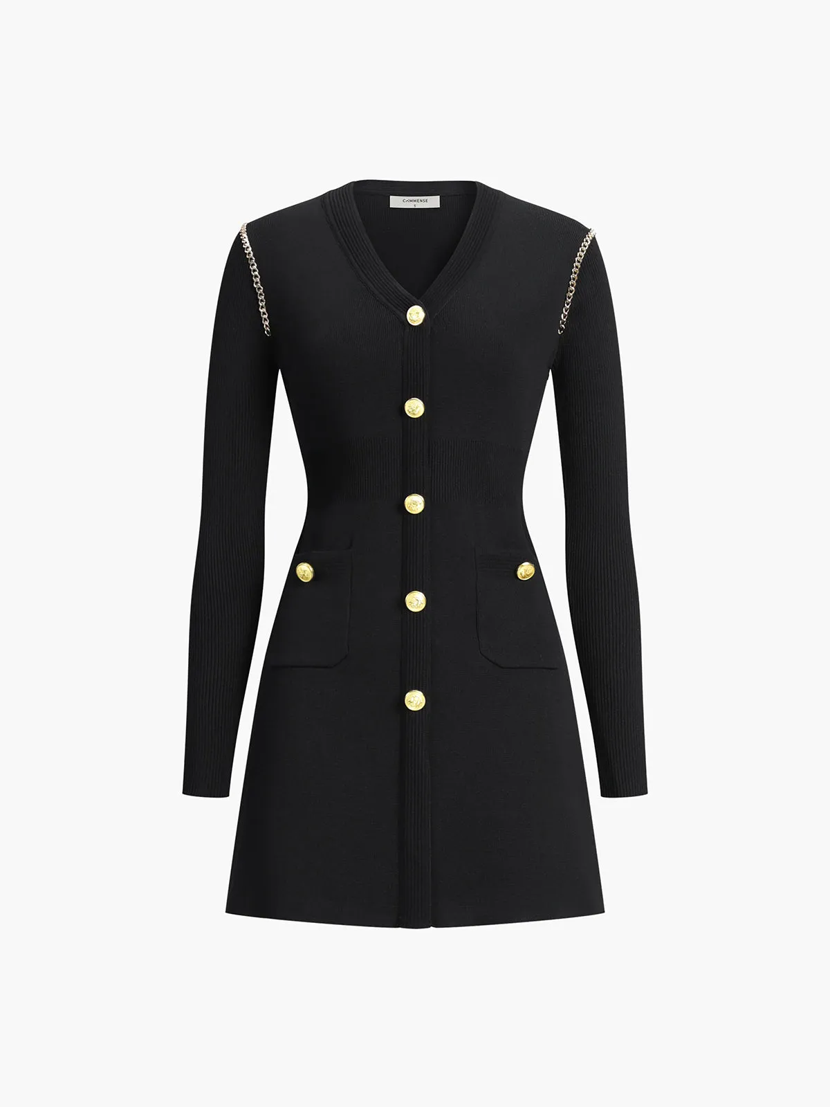 Metallic Chain Button V-neck Modern Long Sleeve Mini Dress