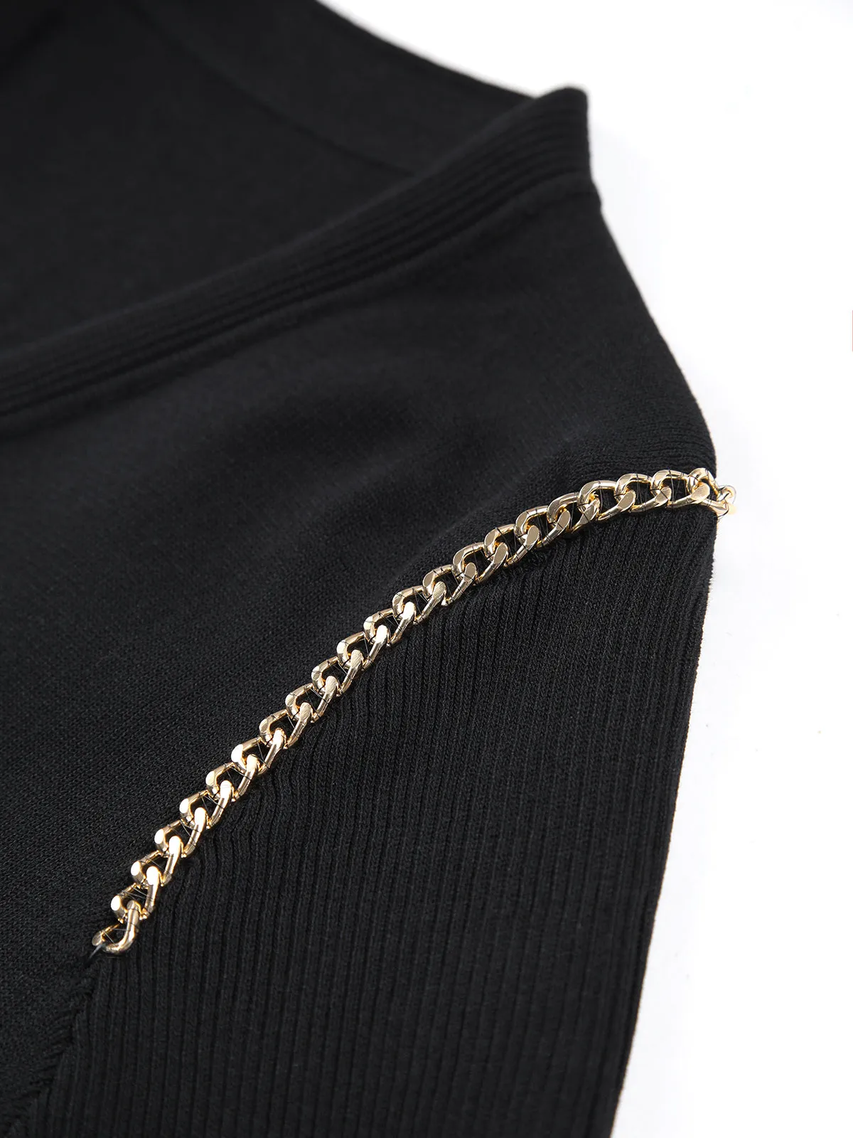 Metallic Chain Button V-neck Modern Long Sleeve Mini Dress