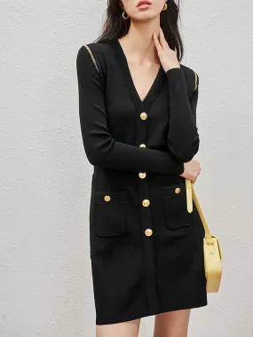 Metallic Chain Button V-neck Modern Long Sleeve Mini Dress