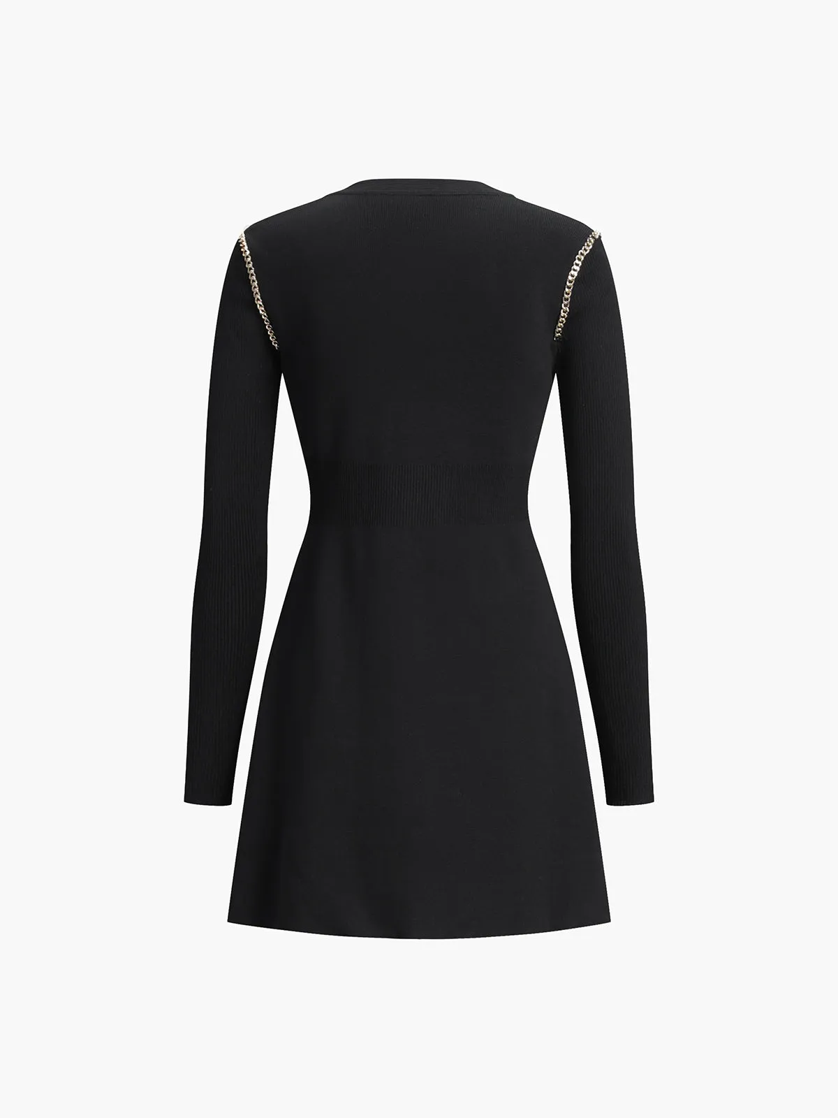 Metallic Chain Button V-neck Modern Long Sleeve Mini Dress